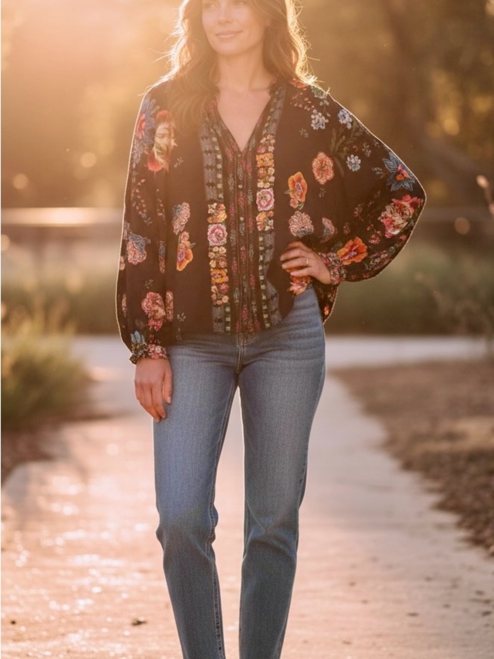 Johnny Was Black Floral V-Neck Balloon Sleeve Tunic Top